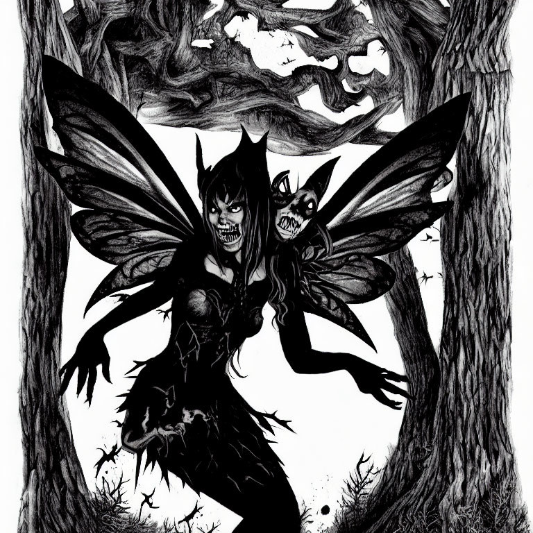 Menacing fairy and sinister creature in forest illustration