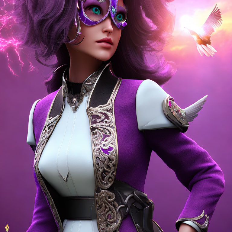 3D image of woman with purple hair, masquerade mask, purple and white jacket, g