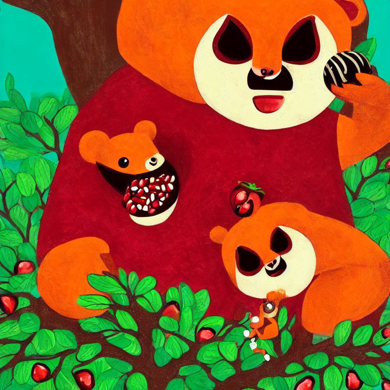 Three Cute Red Pandas in Colorful Forest Scene