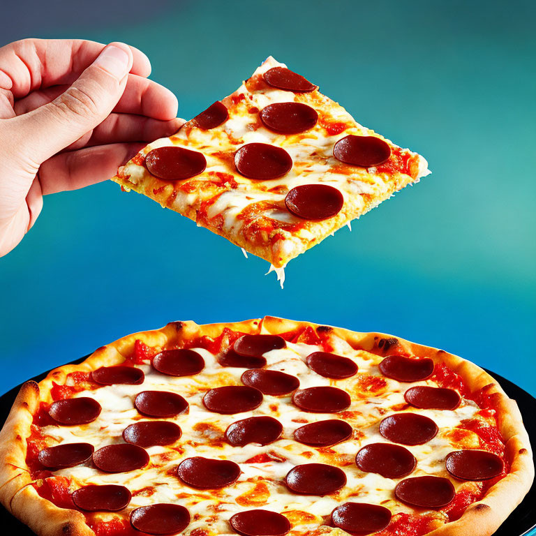 Cheese-Stretching Pepperoni Pizza Slice Held Above Whole Pizza