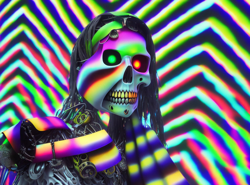 Colorful Psychedelic Skull Art on Vibrant Rainbow Background