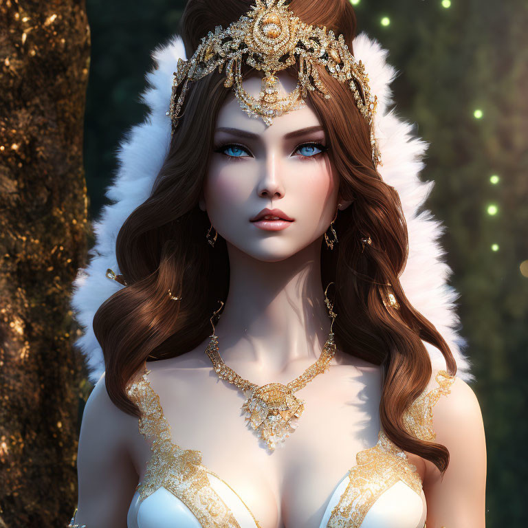 Digital artwork: Woman with blue eyes, gold jewelry, fur cloak in mystical forest.