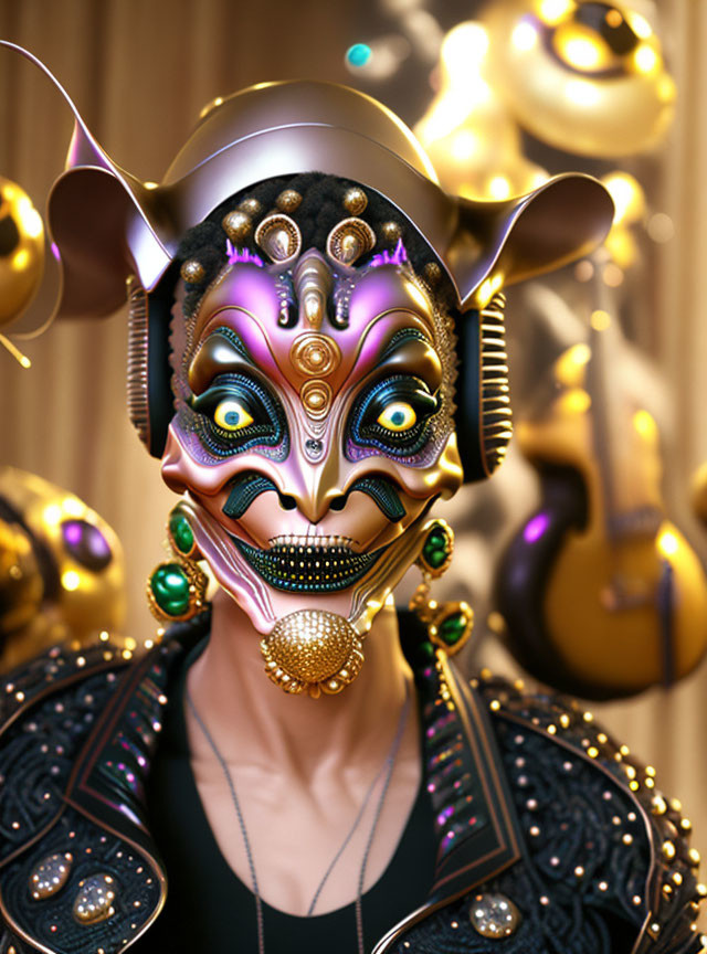 Colorful Futuristic Mask with Metallic Accents and Golden Shapes