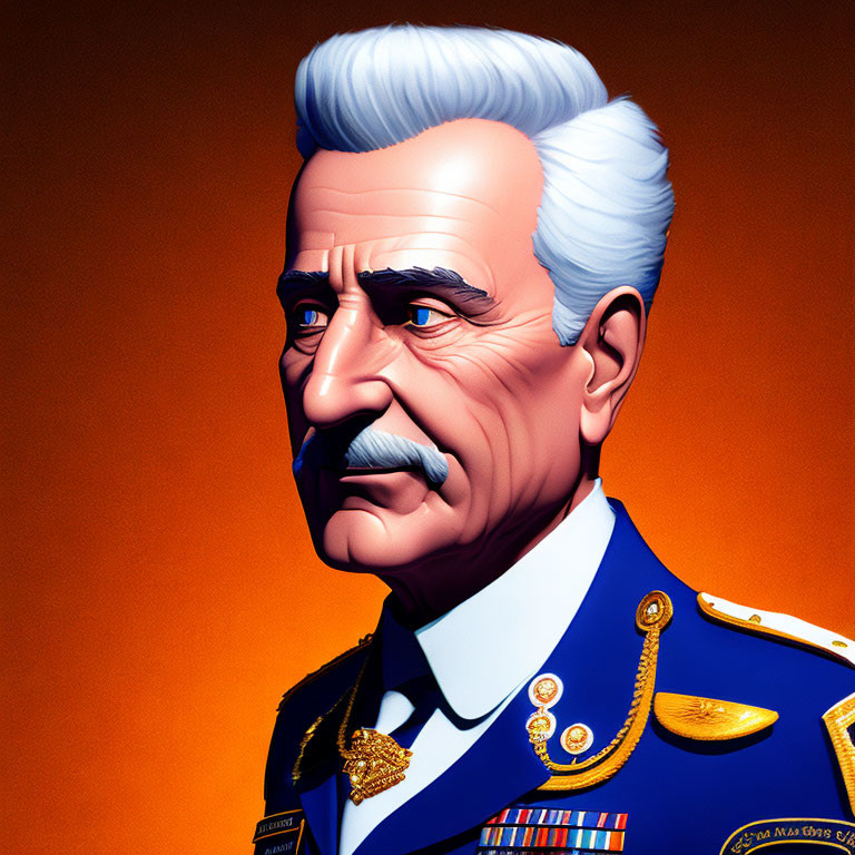 Elderly Military Officer Illustration in Blue Uniform