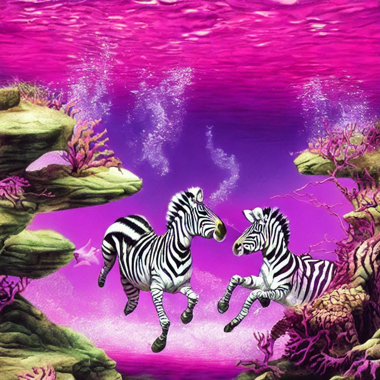 Zebras with coral-like stripes swim in pink-purple ocean.