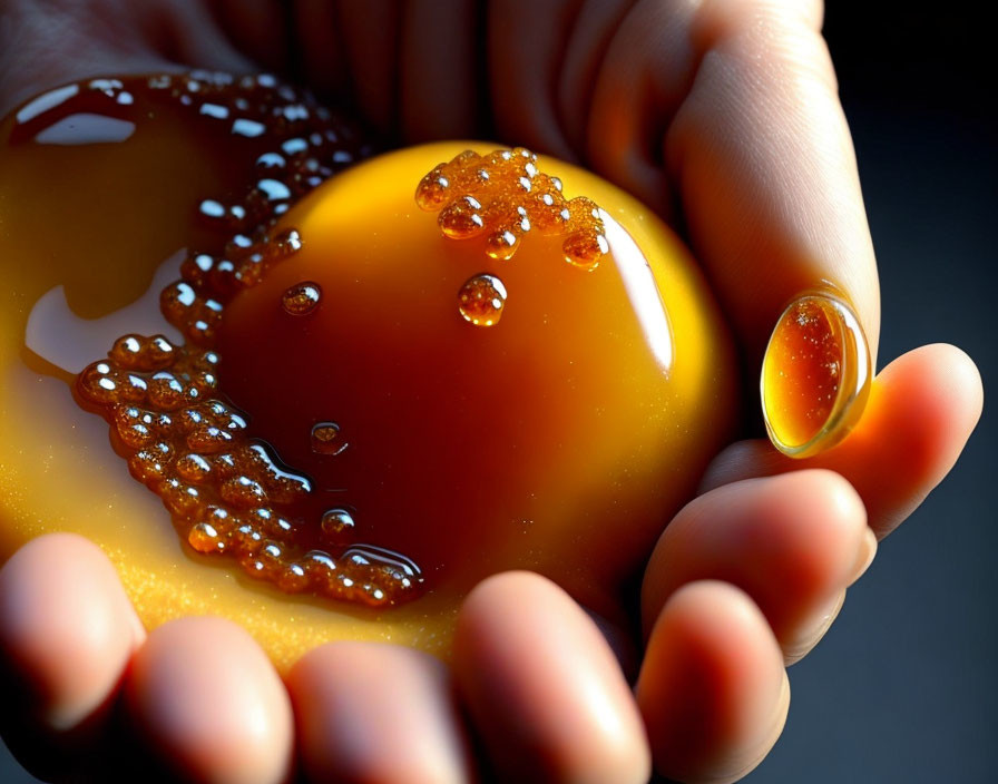 Amber-colored substance held in hand under soft light