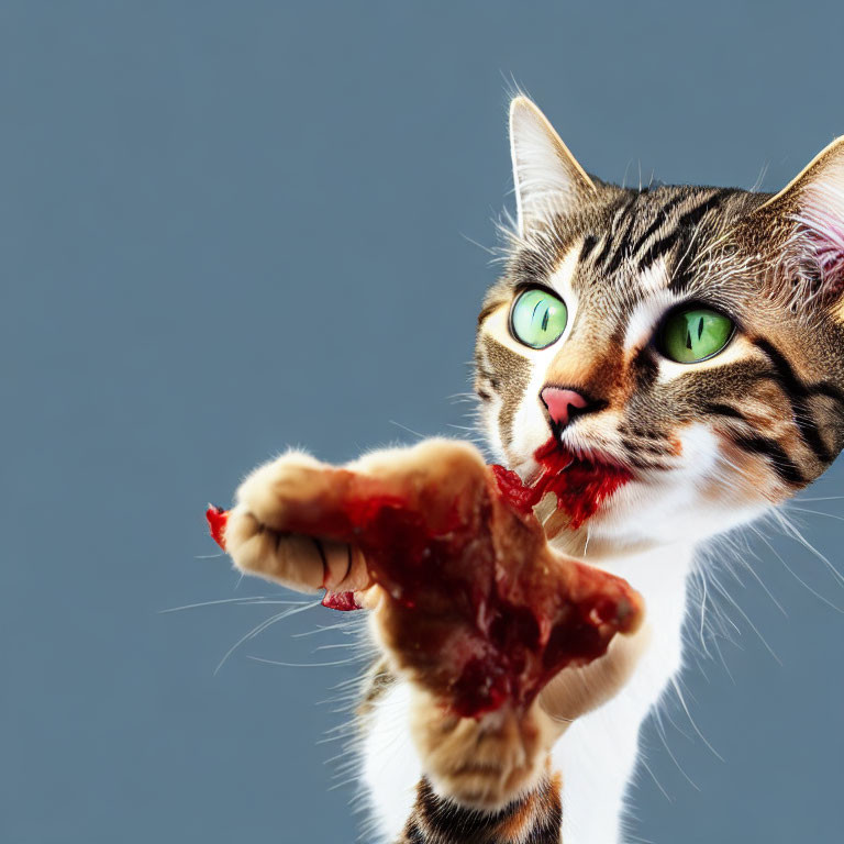 Domestic cat with green eyes pawing raw meat on blue-gray background