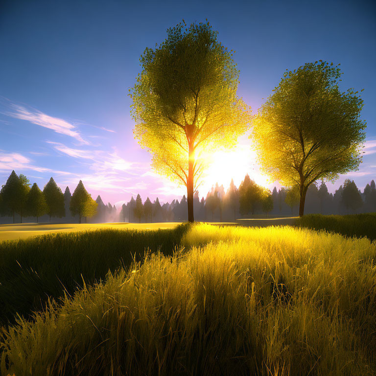 Tranquil meadow with two trees under golden sunrise