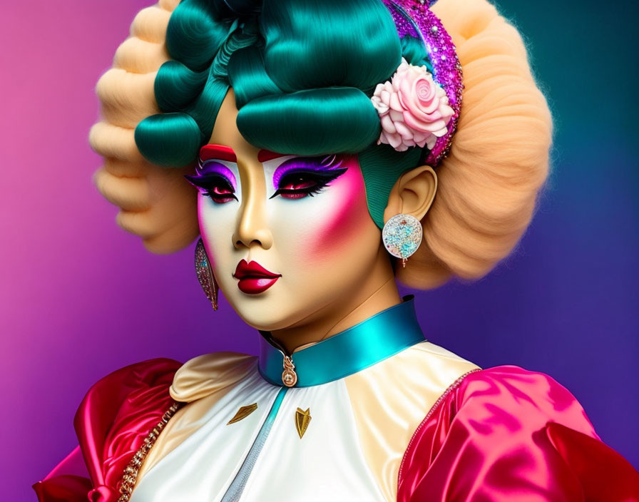 Colorful makeup, sculpted wig with flowers, bright fashion & accessories