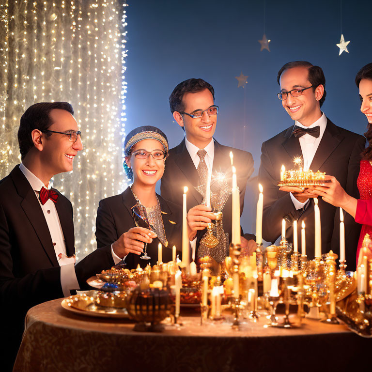 Elegantly Dressed Group Celebrating with Candles and Festive Decorations