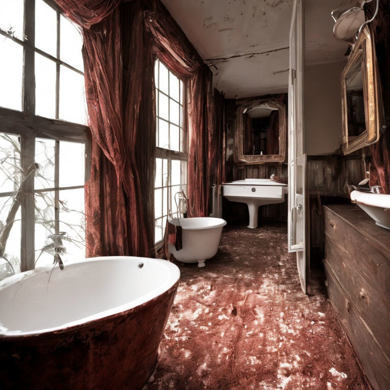 Abandoned bathroom with freestanding bathtub, pedestal sink, mirrors, red curtains, and debris-covered