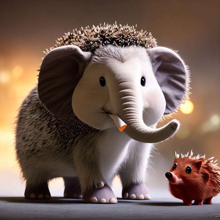 Hybrid animal with elephant head and hedgehog body next to tiny hedgehog