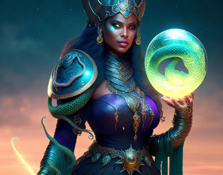 Fantasy warrior woman in snake-themed armor with glowing orb on dusky sky backdrop