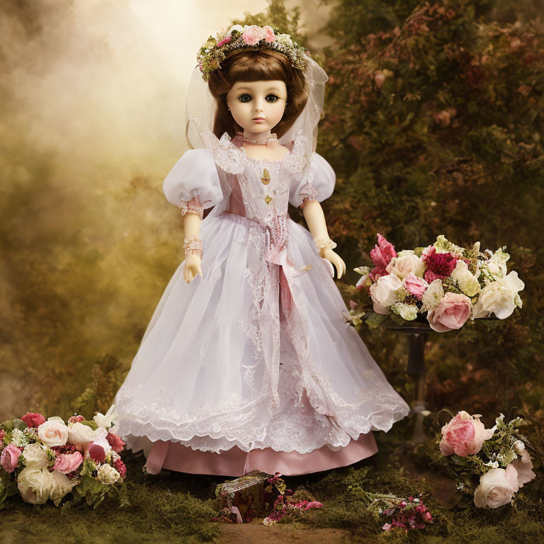 Vintage Porcelain Doll in Pink Victorian Gown with Roses