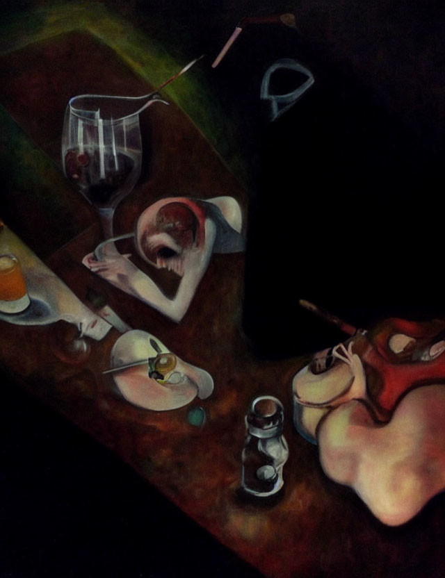 Dark, moody painting of table with wine glass, plate, cutlery, and abstract shapes