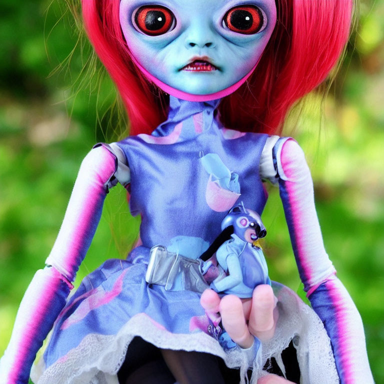 Gothic-style doll with red hair, blue skin, large eyes, blue dress, holding figur