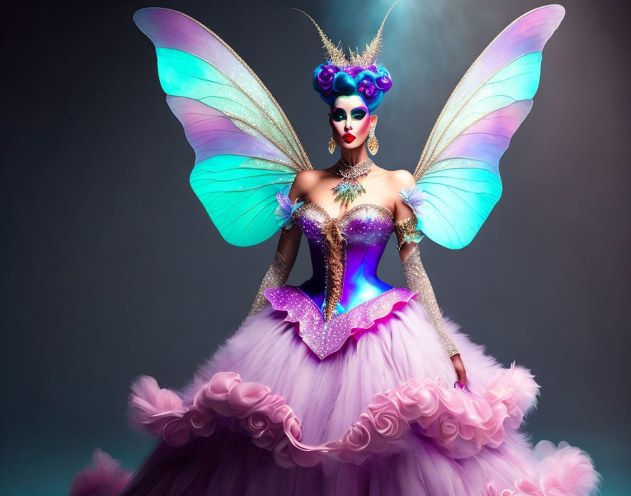 Elaborate Fairy Costume with Iridescent Wings and Purple Ball Gown