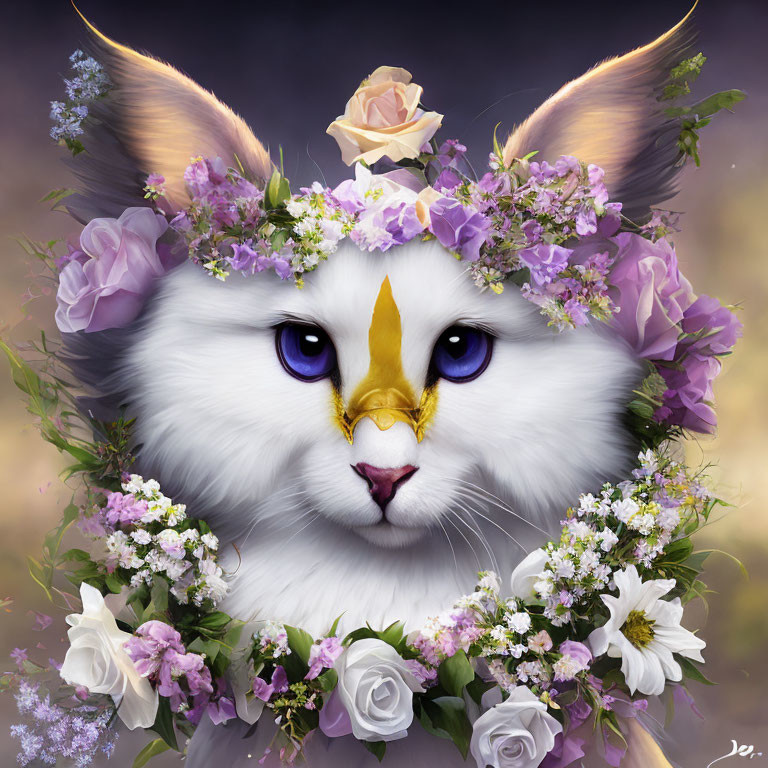 Fantastical white cat with flower crown and golden horn