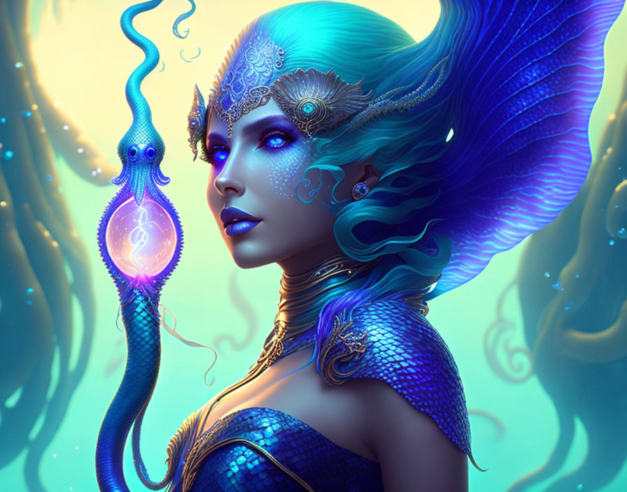 Blue-skinned mermaid with intricate headpiece and glowing jellyfish in underwater scene