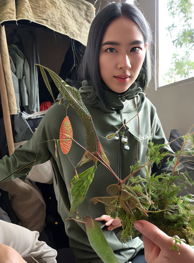 Young woman with long dark hair holding a plant indoors by a window with hanging clothes