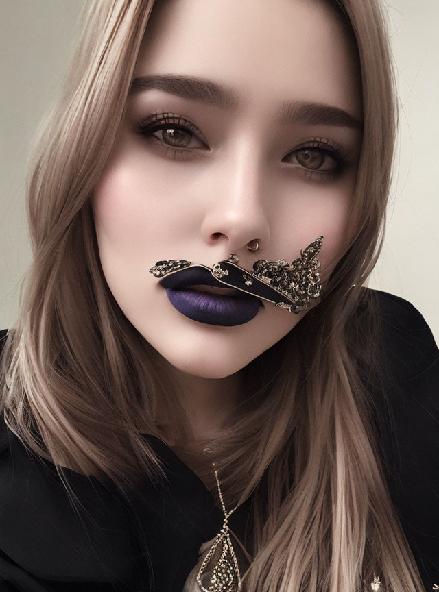 Blonde Hair, Bold Makeup with Dark Purple Lipstick on Decorative Nose Clip