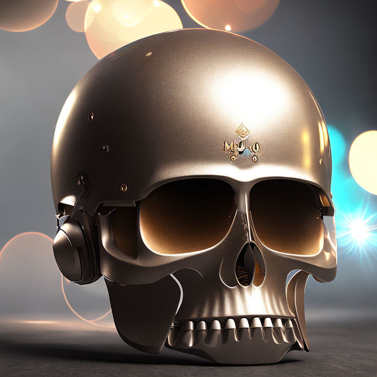 Skull-shaped metallic helmet with ear protection on bokeh lights backdrop