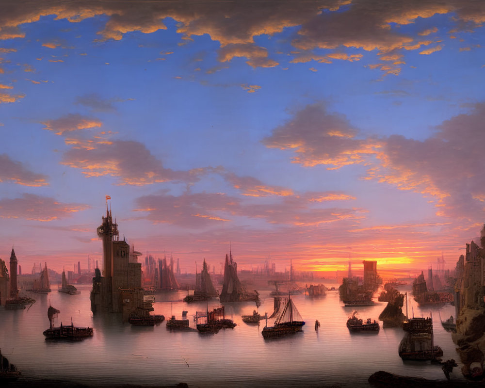 Harbor scene at sunset with ships and ornate buildings