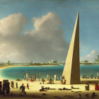 Beach scene with people, sail-like monument, boats, lighthouse, and clouds