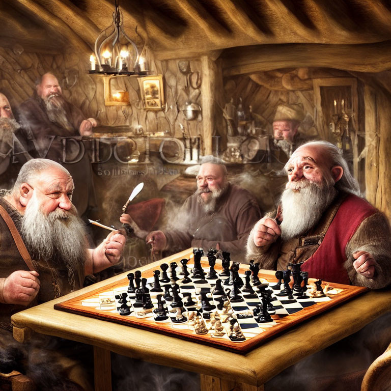 Jovial dwarves playing chess in cozy tavern setting