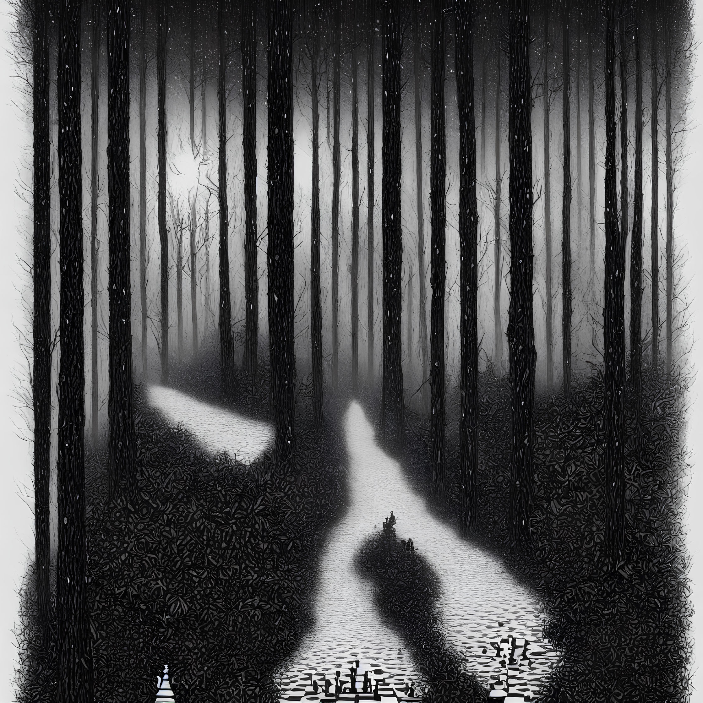 Monochrome illustration of misty forest with tall trees and path.