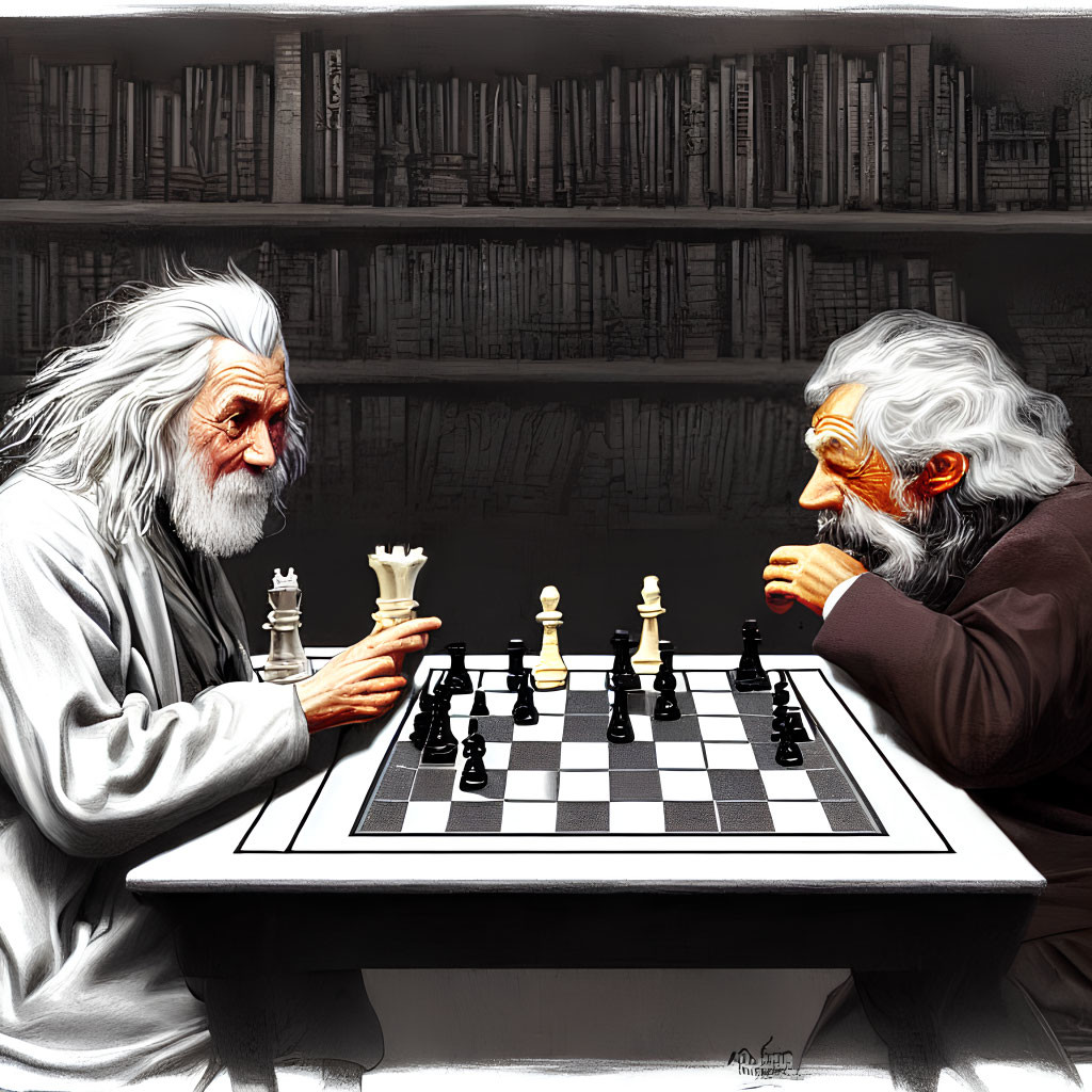 Elderly men with white beards playing chess in a book-filled room