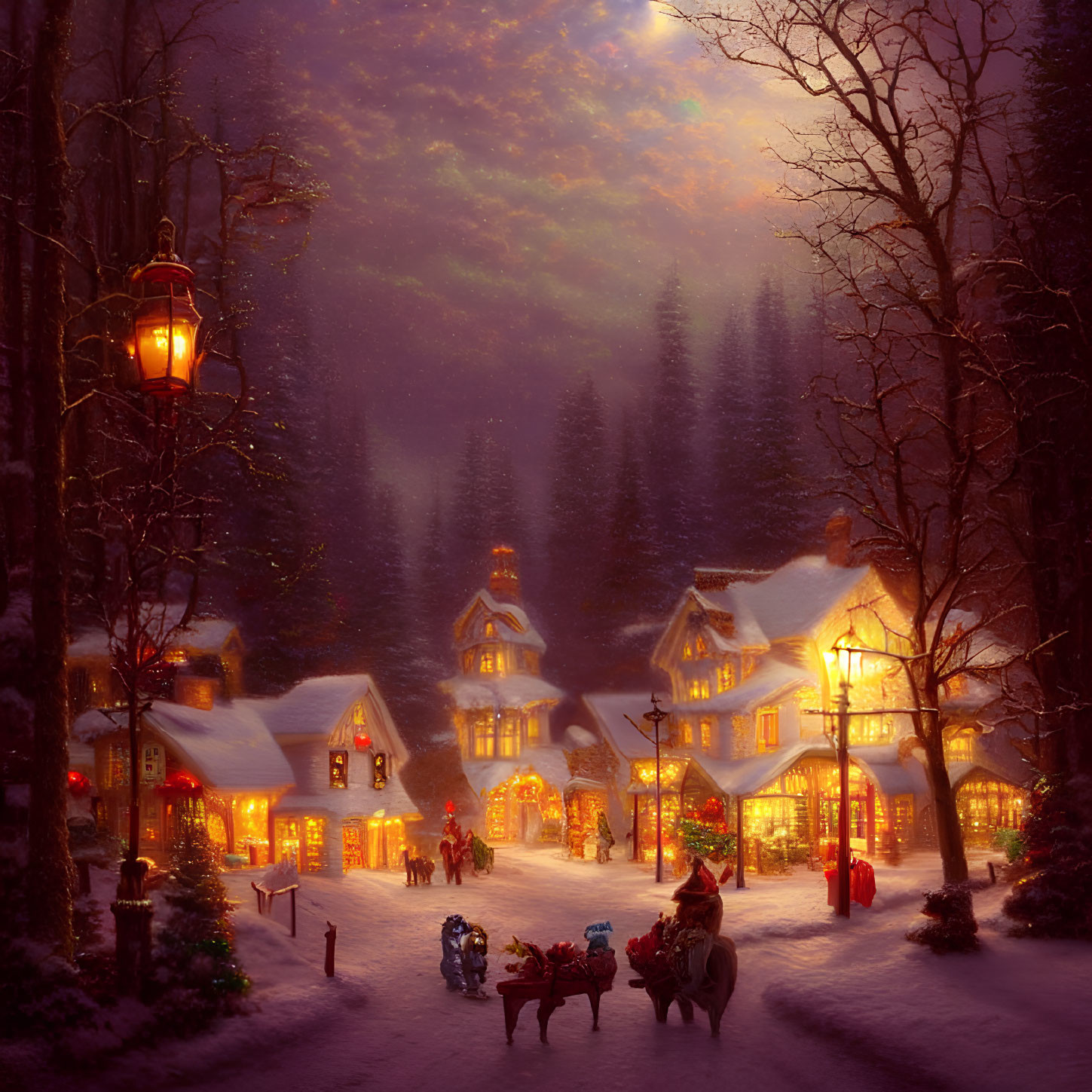 Snowy Village Scene with Glowing Windows, Horse-Drawn Sleigh, and Children Playing at