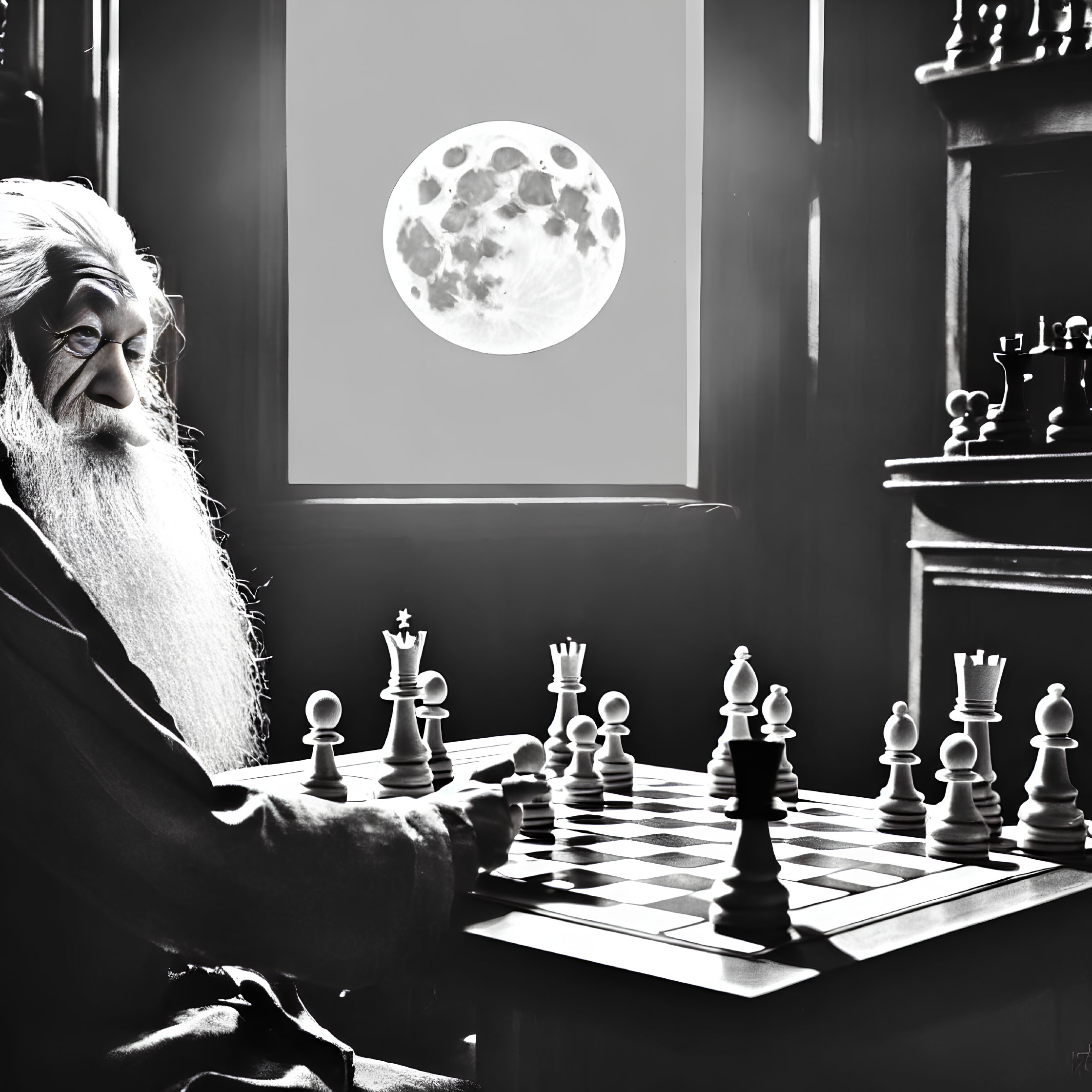 Monochromatic image: Elderly man contemplating chessboard and moon-view.