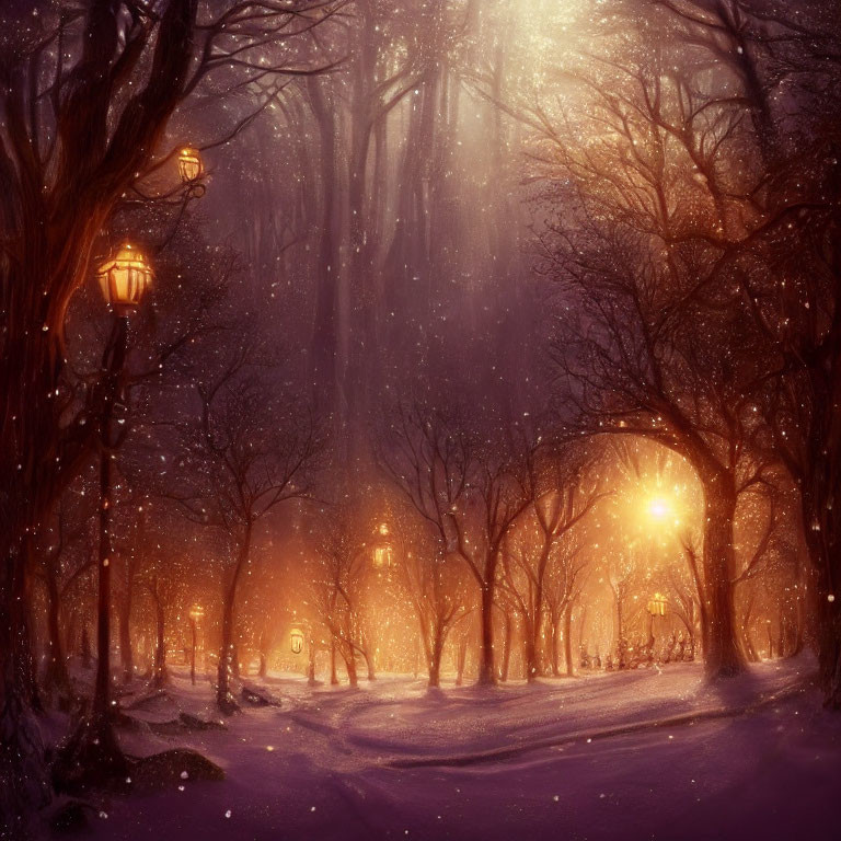 Snowy Forest Glade with Vintage Street Lamps and Snowfall