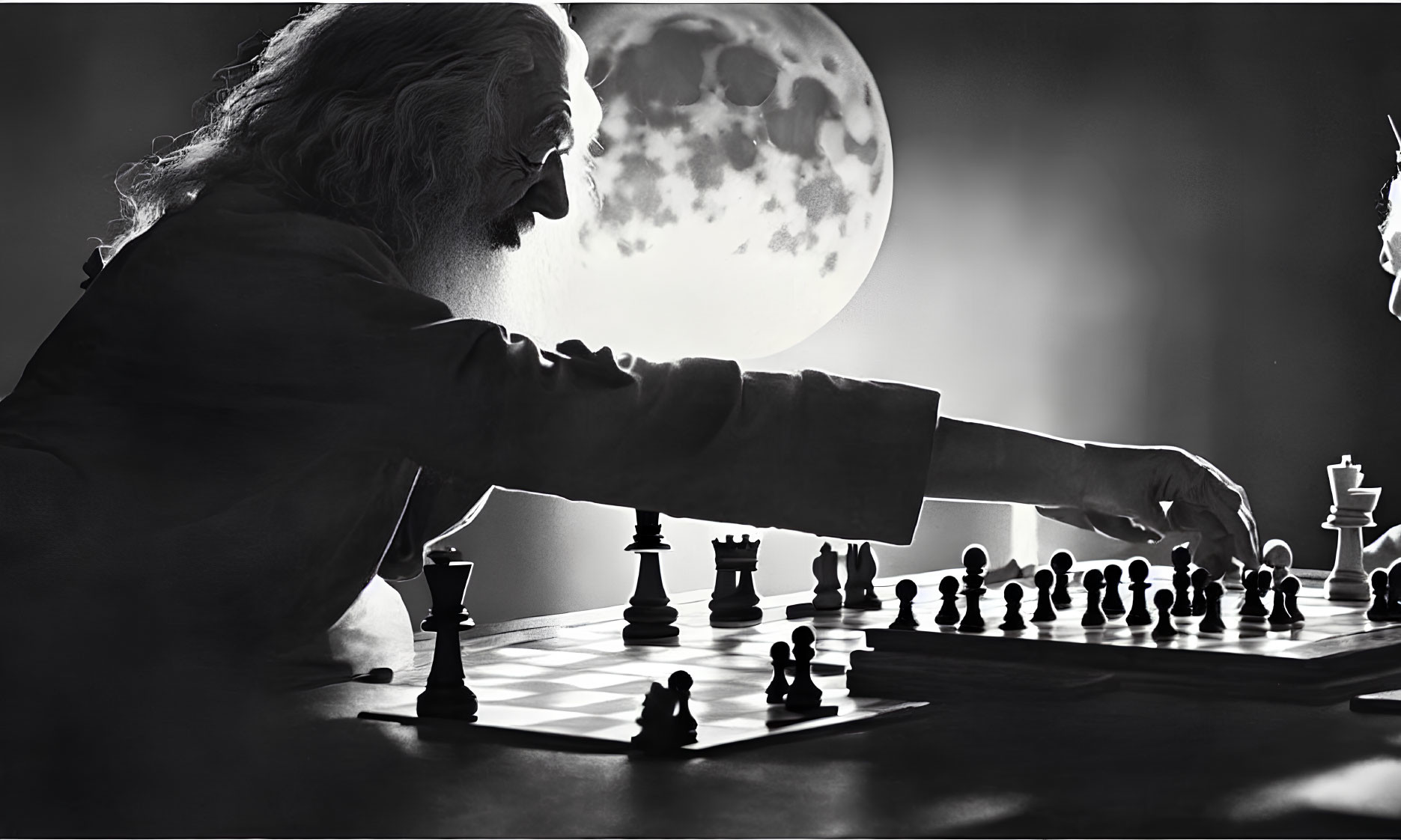 Monochrome artwork of man with long hair playing chess under moonlight