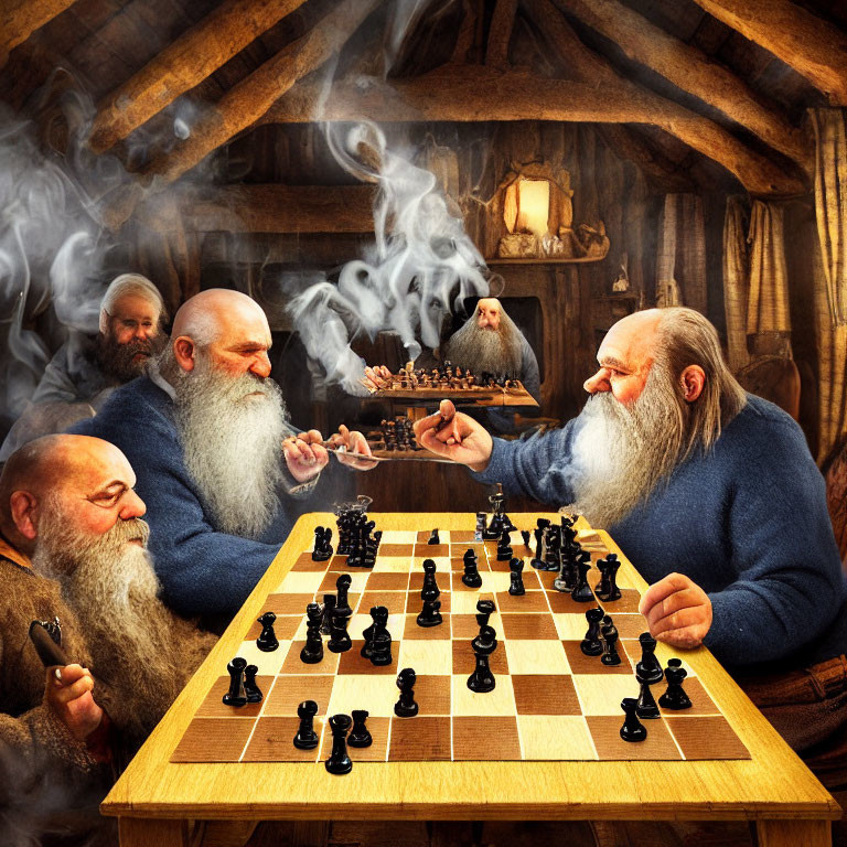 Four Bearded Individuals Playing Chess in Cozy Cabin