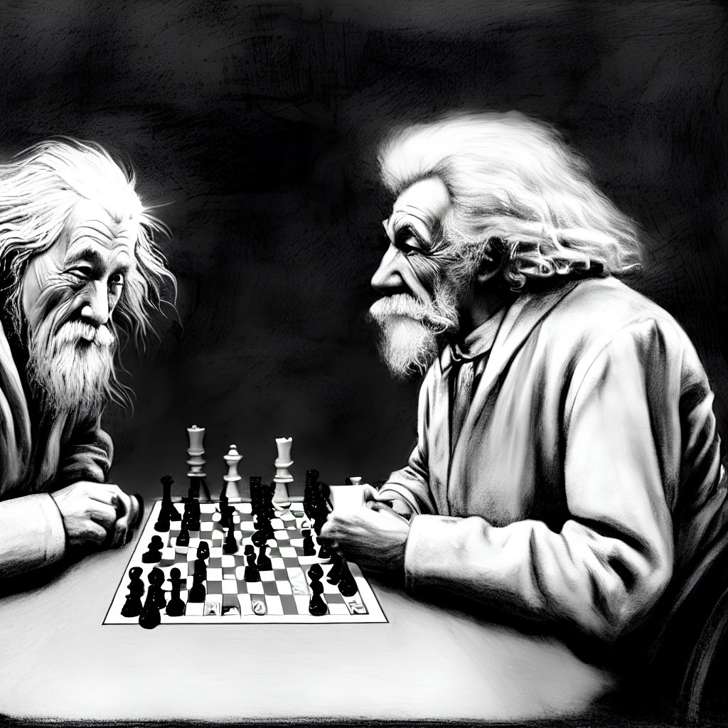 Elderly men with long white hair playing chess in monochrome style