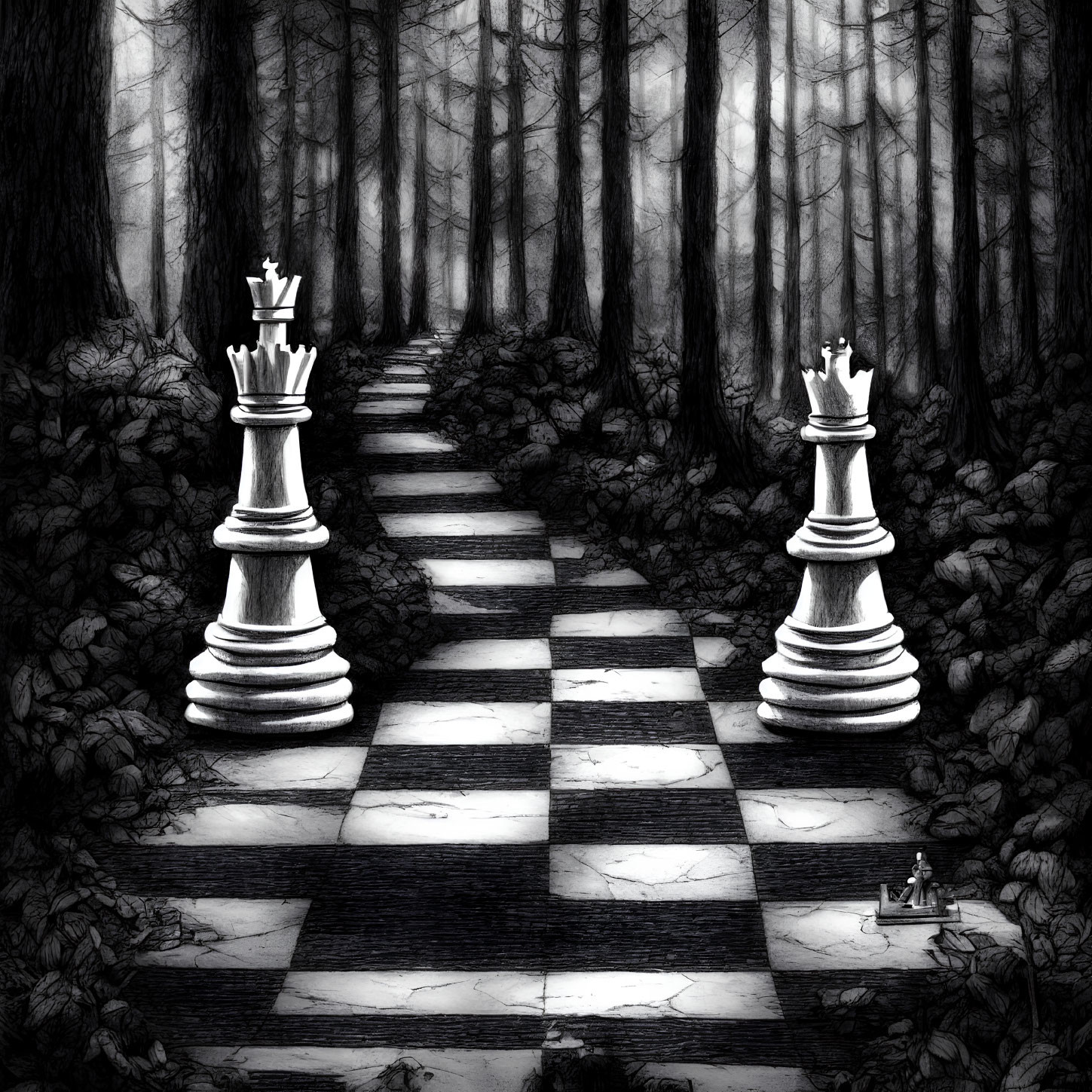 Monochromatic fantasy art: life-sized chessboard path in forest