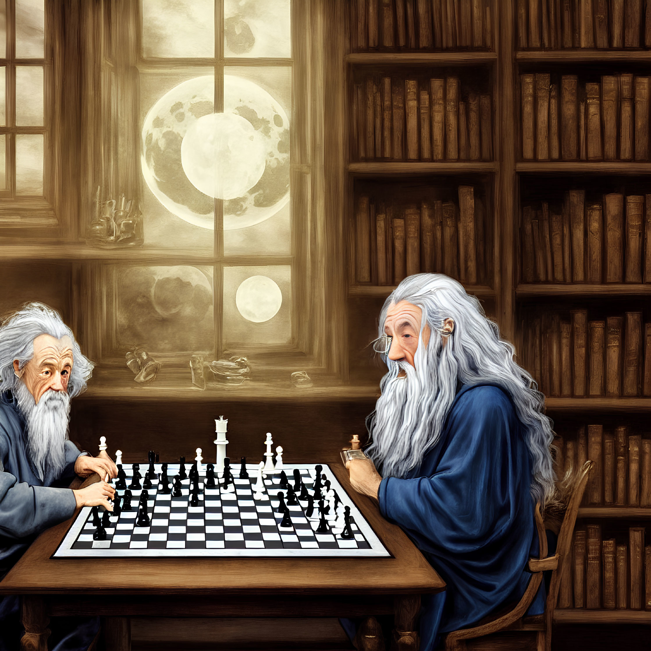 Elderly men playing chess in cozy room with bookshelf and full moon visible.