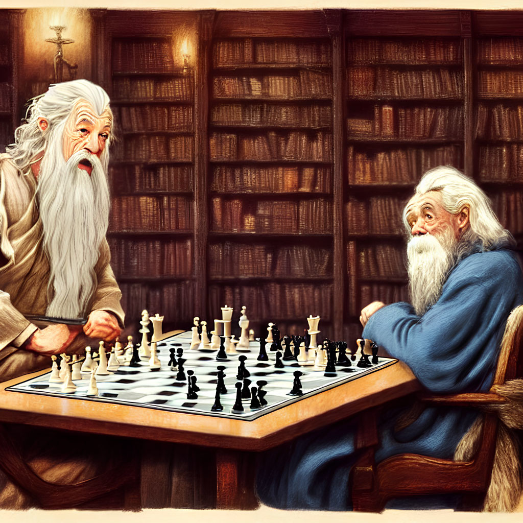 Elderly wizards playing chess in bookshelf-lined room