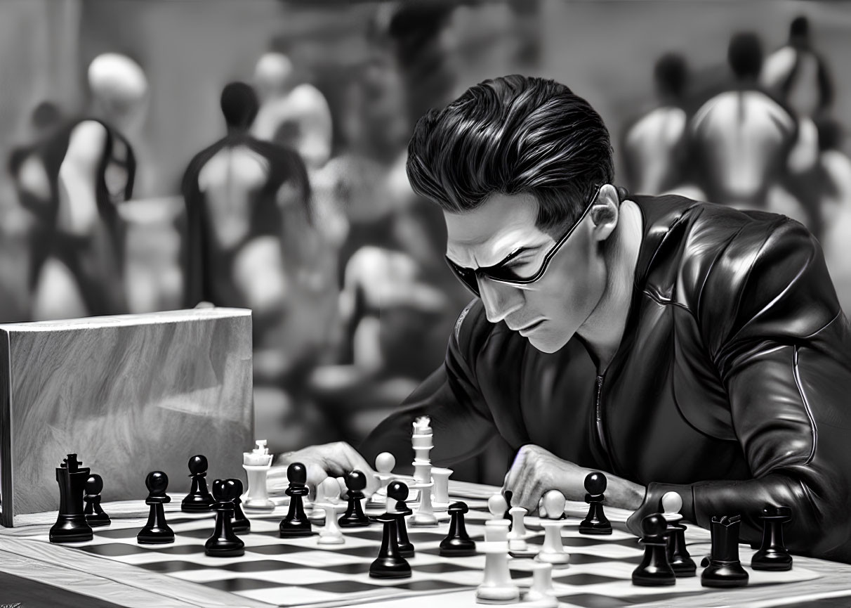 Individual in sunglasses and leather jacket plays chess with blurred background players