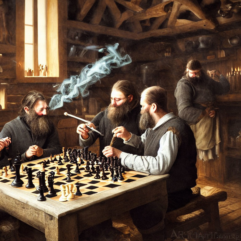 Three bearded men playing chess in rustic interior, one lighting pipe.