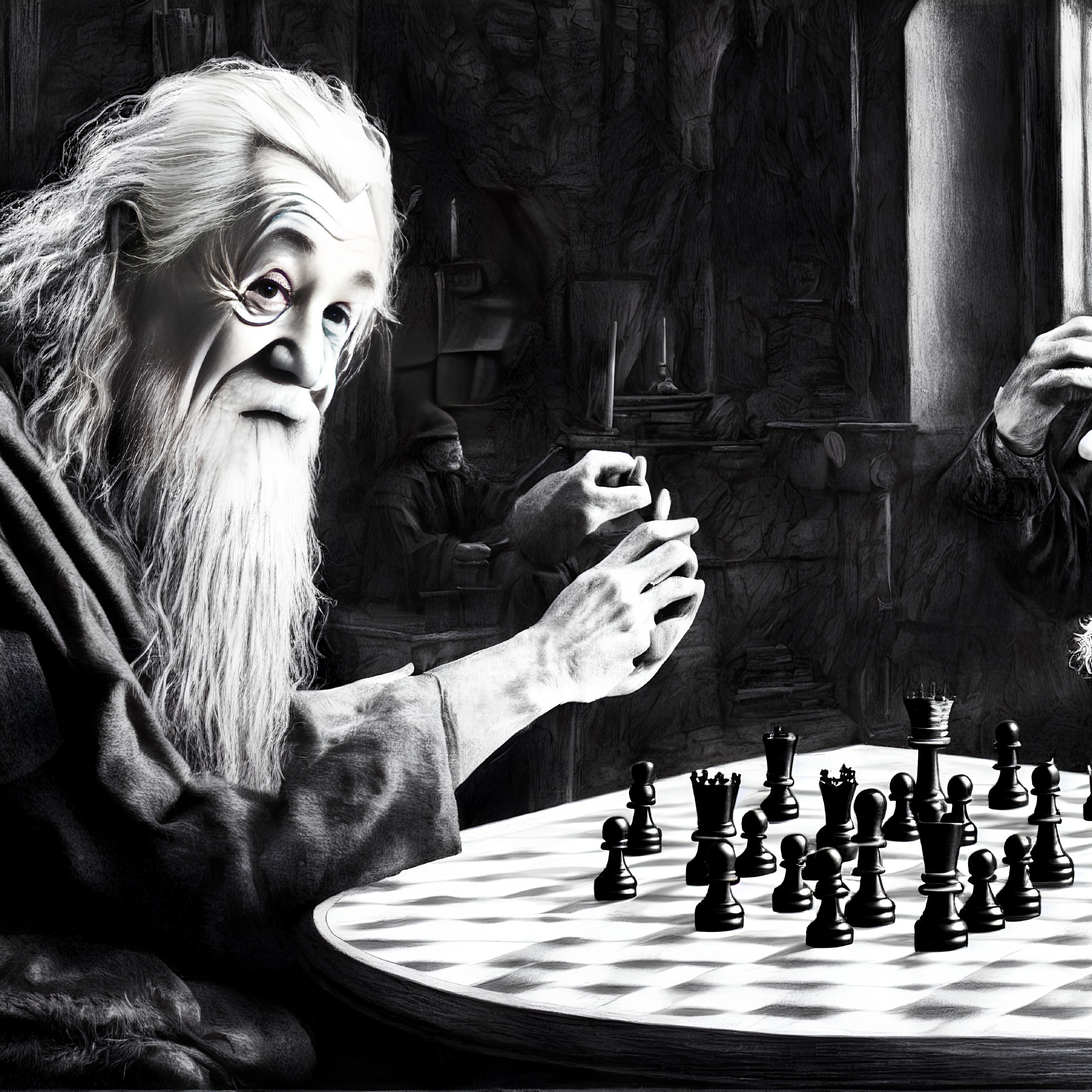 Elderly man with long white beard playing chess in dimly lit room