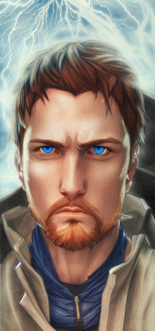 Man with Blue Eyes and Stormy Background Illustration