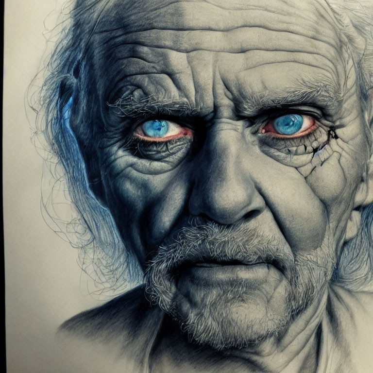 Sketch of Elderly Man with Deep Wrinkles and Piercing Blue Eyes