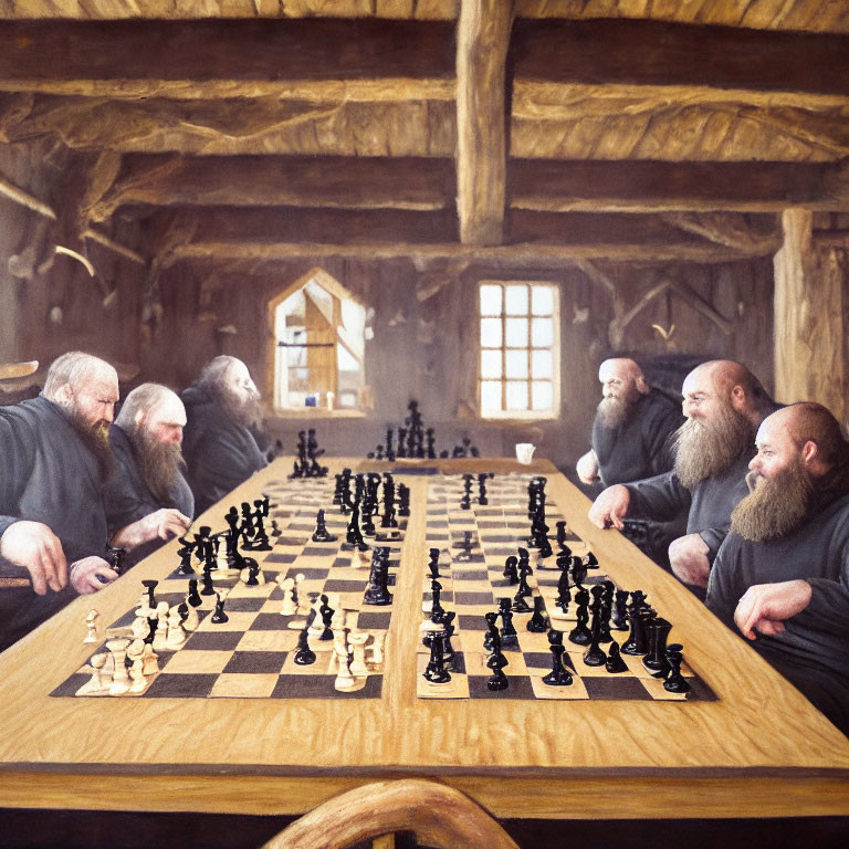 Bearded individuals playing large-scale chess in rustic wooden setting