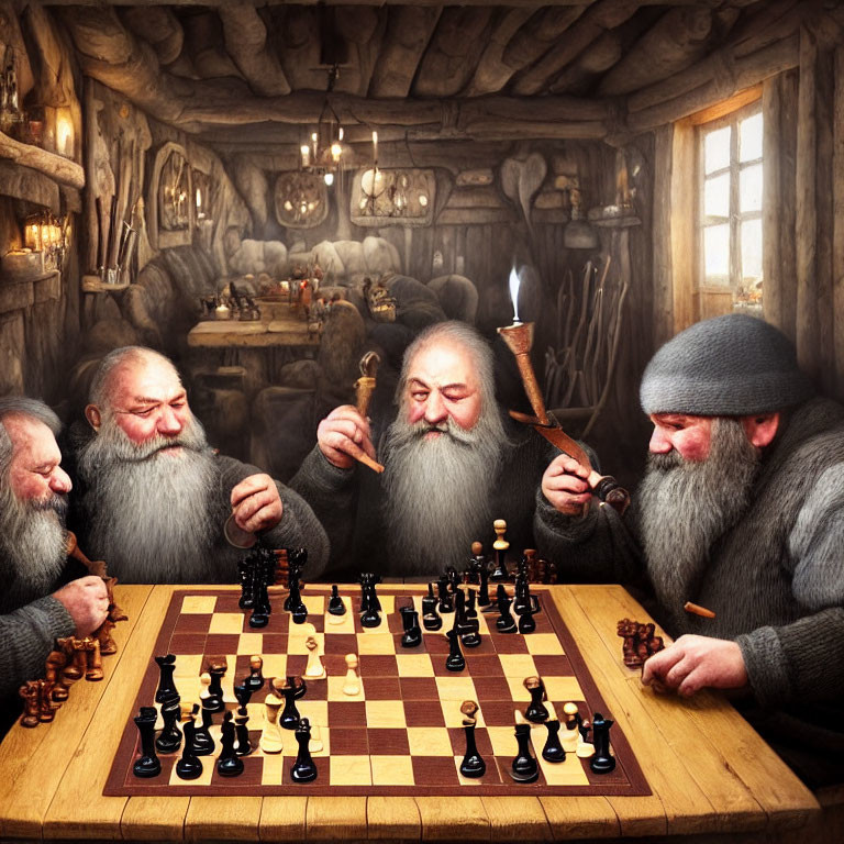 Four older men playing chess in cozy wooden cabin