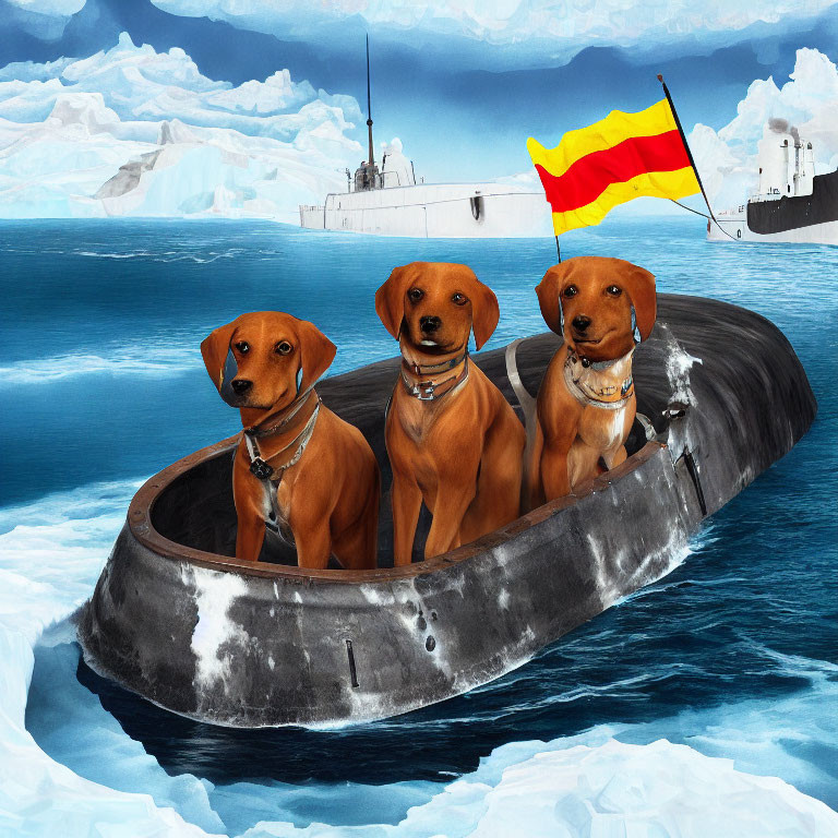 Three dogs in tire on ocean with icebergs and ship under cloudy sky