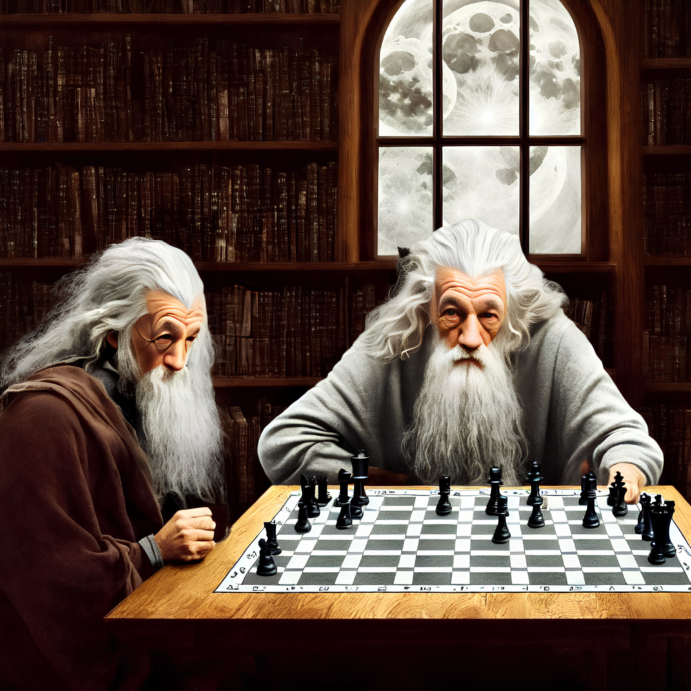 Elderly wizards playing chess in classical library with moonscape view