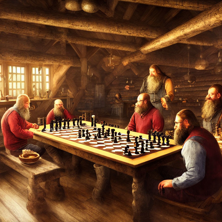 Bearded individuals playing chess in rustic cabin